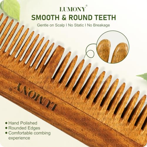 Image of LUMONY Neem Wooden Comb | Soaked In 17 Ayurvedic Herbs Neem & Sesame Oil For Multi-Actions - | Anti-Hair Fall, Dandruff | Frizz Control & Shine Suited For All Hair Types Men & Women (Dual Tooth)