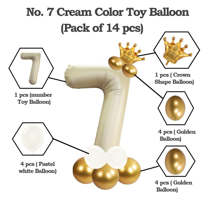 Image of Cream Color 32 Inch Number Helium Foil Balloon For Birthday Decoration Items | Number foil Balloon 7 | Anniversary Decoration Items | Pack of 14
