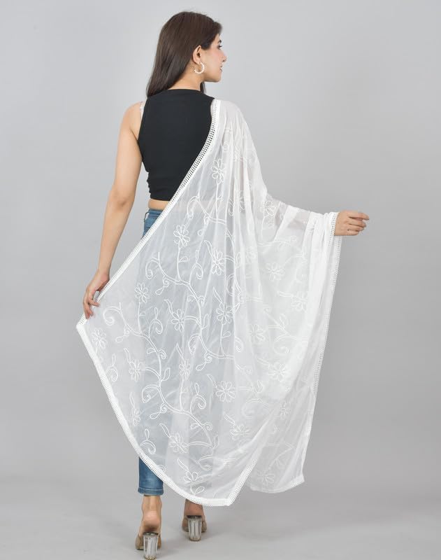 Vrnda Chikankari Dupatta for Women Embroidered COTTON Dupatta Scarf for Women (Length: 2.2 meters, Colour : White)3
