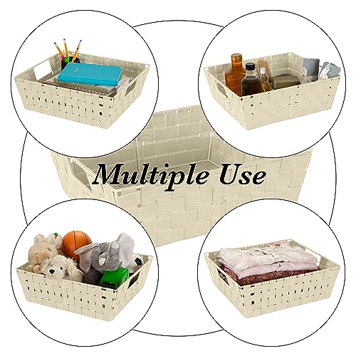 Image of Simplify Large Shelf Woven Strap Tote | Decorative Storage Basket | Built in Handles | Organization | Closet | Bedroom | Bathroom | Nursery | Accessories | Toys | Gifts | 4 Pack | Ivory