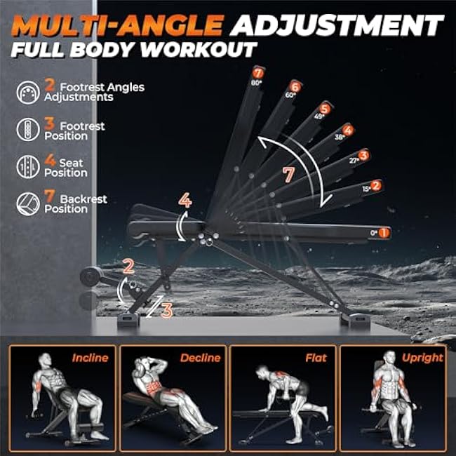 800LBS Adjustable Weight Bench - Bonvork Foldable Workout Bench Press with 20.5'' Extended Base for Home Gym, Folding Decline Incline Strength Training Bench for Full Body Exercise - 2024 Version