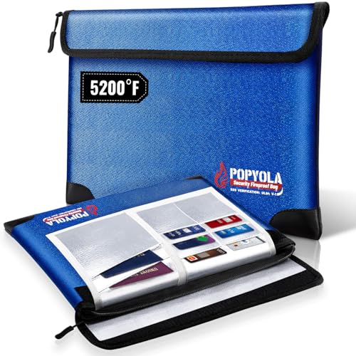 POPYOLA Fireproof Document Bag, Upgraded 5200°F Fireproof Bag with Heat Insulated, 14”X 10.6” Waterproof Fireproof Money Bag for Cash with 8 Slots, Fire Proof Bag for Documents and Valuables (Blue)