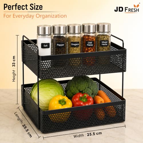 Image of JD FRESH 2 Tier Metal Square Kitchen Stand Organizer /Countertop Large Capacity Storage Rack /Space Saving Design /Modern Ventilation Design for Spices,Fruits or Vegetables /Bathroom Vanity Storage Shelf