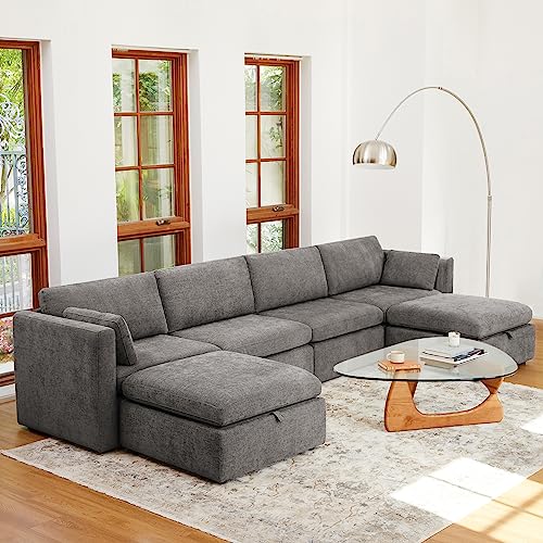 Image of CHITA Oversized Modular Sectional Fabric Sofa Set, Extra Large U Shaped Couch with Reversible Chaise, 146 inch Width, 6 Seat Modular Sofa with Storage Ottamans, Grey