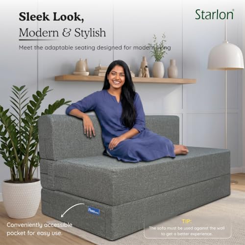 Image of Starlon 3 Seater Foldable Sofa Cum Bed 3-in-1 with Washable Jute Fabric Cover, Space Saving Guest Bed for Living Room & Apartment, Pre-Assembled Ash Gray 5x6.25 Ft