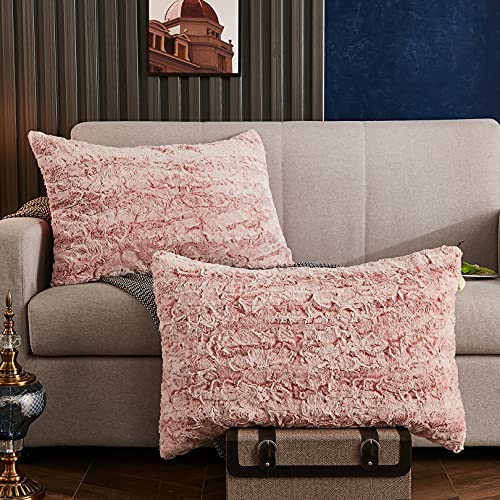 Yaoshuho Fluffy Faux Fur Pillow Covers Ombre Shaggy Pillow Shams Plush Mink Velvet Decorative Throw Pillows Cases Zipper Closure, Set Of 2 (Old Pink, 20" X 36" Inch) #TOP1