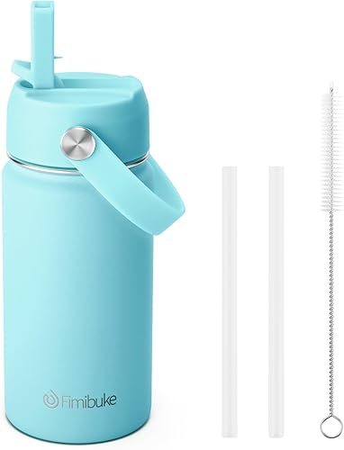 Miniatura 8 de Fimibuke Botella de agua para niños, 14 onzas, sin BPA, vaso de doble pared al vacío de acero inoxidable 188 a prueba de fugas, con popote y botella