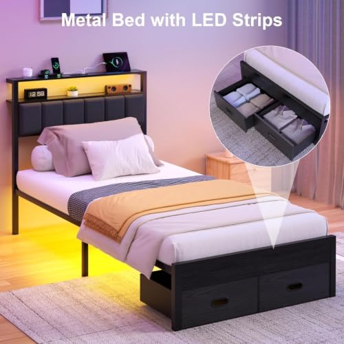 Image of Twin Bed Frames with Storage Drawer, Platform Bed with Charging Station and LED Lights, Upholstered Headboard with 2-Tier Storage Shelves, No Box Spring Needed