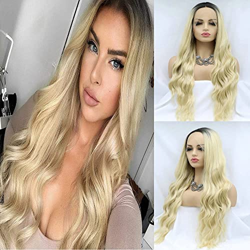 Blonde Long Curly Synthetic Wigs for Black Women Natural Wavy Lace Wigs with Dark Roots Natural Realistic Hairline Heat Resistant Fiber Hair Halloween Cosplay Wigs 26inch