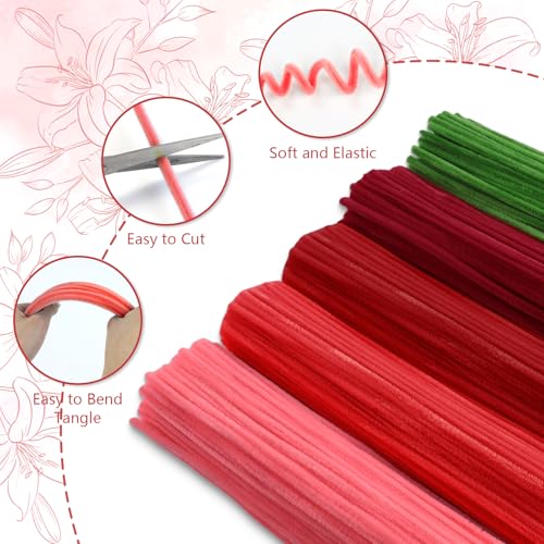 Image of 400 Pcs Pipe Cleaners Craft, 5 Assorted Colors Pipe Cleaners Bulk | Chenille Stems for DIY Flower Making Kit with Floral Wires, Gardening Tape,Stamen& Ribbon (Red)