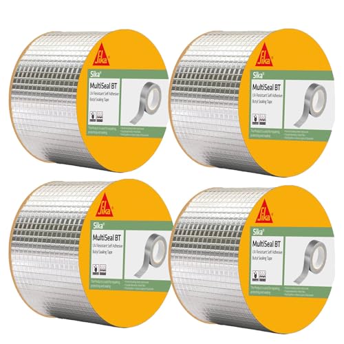 Image of SIKA - Pack of 4 Butyl waterproofing tape MultiSeal BT - Weatherproof - Seals out water and draughts - Rubber tape for pipe cracks - 10 cm x 5 m - Silver