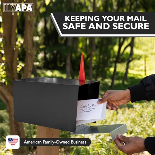 Image of Ilyapa Modern Mailbox for Post Mount - Black with Gray Door Powder Coated Steel, Waterproof Letter Box for Parcels, with Recessed Magnetic Close Door