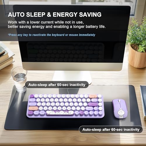 Image of FOPETT Wireless Keyboard and Mouse Cute Mouse and Keyboard 2.4G Wireless Keyboards with Colorful 68 Keys Typewriter Retro Round Keycap for PC, Laptop,Tablet,Computer Windows - Purple Colorful