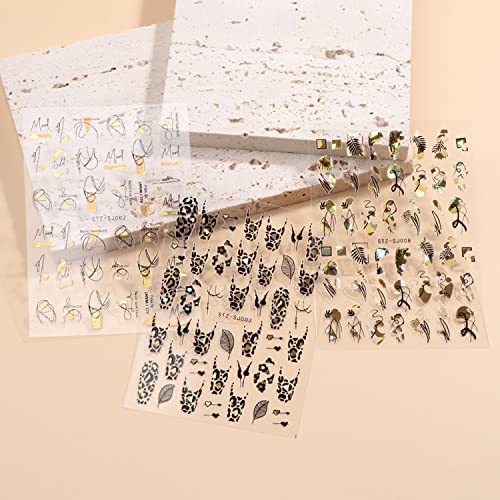 Gold Nail Art Stickers, Holographic Laser Gold Flowers Leaf Leopard Print Abstract Face Lines Nail Stickers Design For Women Girls Manicure Charms Decorations, Diy Resin 3D Self-Adhesive Nail Decals #TOP1