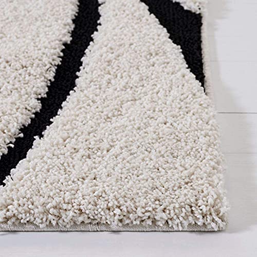 Image of Geometric Wave Shaggy Rectangular Carpet For Living Room,Bedroom,High Low Design Finish Microfiber 1.8 Inch Pile High,3X5 Feet Ivory|Black Color