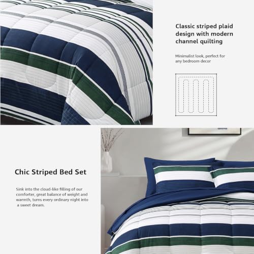 Image of Monbix Queen Comforter Set - 7 Pieces Bed in a Bag Queen, Indigo Blue-Stripe Bedding Sets, All Seasons Comforter Bed Set with Sheets, Pillowcases & Shams