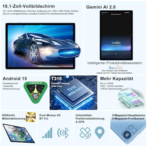 SUAAT 2026 Neuestes Android Tablet 【128 GB ROM+2TB】【Gemini AI】 8000 mAh,10.1 Zoll, Widevine L1, Octa Core, Bluetooth 5.0, GPS,GMS… – Ansicht 2