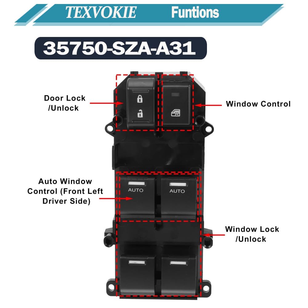 35750-SZA-A31 Left Driver Side Master Power Window Door Switch with Cowbar, Fit for 2008-2015 Honda Pilot EX EX-L / 2009-2014 Acura TSX, Relaced # 35750-SZA-A31, 35750-SZA-A51,35750-SZA-A21