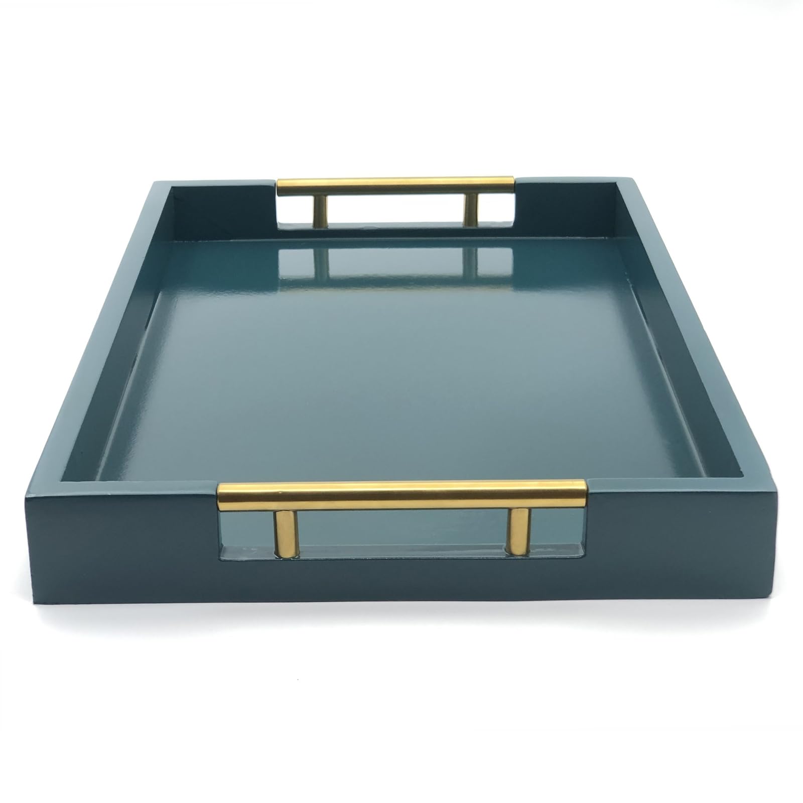 Bandeja para Servir con Asas de Metal Pulido, Bandeja Rectangular de 16.5 x 12 Pulgadas, Bandeja Decorativa Moderna, Bandeja otomana Grande, Almacenamiento y exhibición (Verde Azulado)