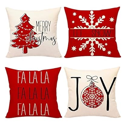 4 Weihnachts-Dekokissen, 45,7 x 45,7 cm, Weihnachtsdekoration, Landschaft, Dekokissen für Weihnachten, Sofa, Couch, Dekoration, Set mit 4 kleinen Kissen, Rot, Einheitsgröße