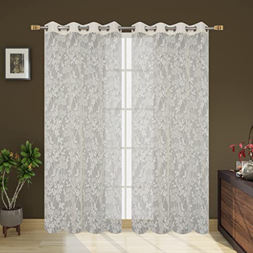 Image of Heavy Polyester Beautiful Floral Design Tissue Net Window Curtains 5 Feet Long Set of 3 | 4 * 5ft | Parda for Living Room and Bedroom | Cream Curtains