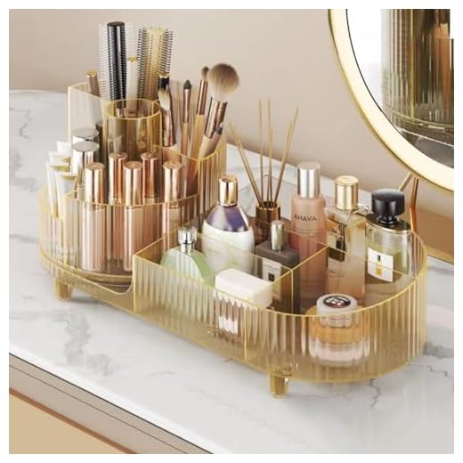 Rotating makeup organizer,Large Capacity Cosmetic Display Case, easy to hold all of your makeup products, at least 20 makeup brushes/eyeliner,10 lipsticks,8 skincare products(Crystal Amber)