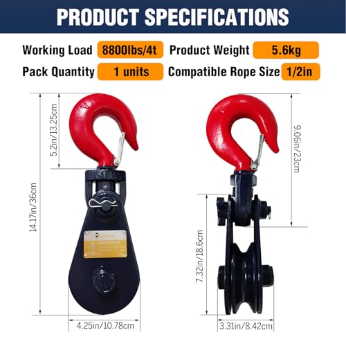Bigorenda 4 Ton Snatch Block with Hook, 4.5" Sheave for 1/2" Wire Rope, 8800lbs Snatch Block Pulley for Car Hauler Rollback Wrecker, Tow Truck Winch Accessories (1PC) by Bigorenda - Image 9