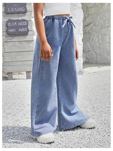 MakeMeChic Girl's Elastic Waist Tie Front Jeans Button Split Side Wide Leg Long Denim Pants4