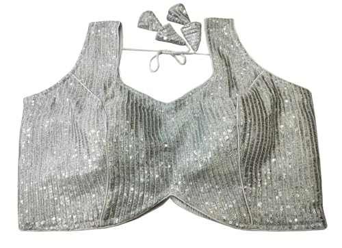Women's Silver Sequin blouse Crop Top with Tie Back, Silver,