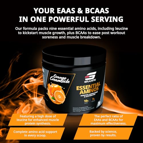 Image of Granite Essential Amino Acids Powder for Muscle Recovery and Growth with 10g EAAs and 7g BCAAs - Soy-Free, Gluten-Free, 448g (30 Servings), Orange Creamsicle Flavor