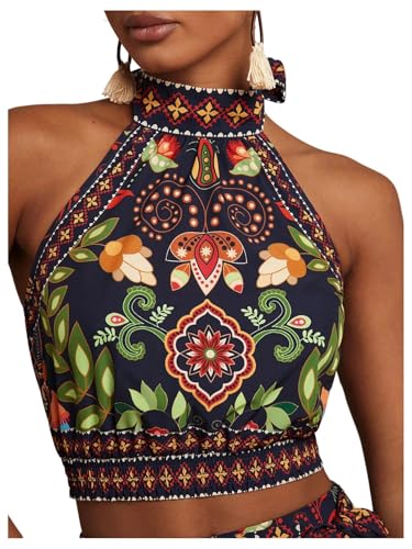 SweatyRocks Women's Boho Summer Halter Crop Tops Sleeveless Shirred Tie Backless Tank Top Multicolor Medium