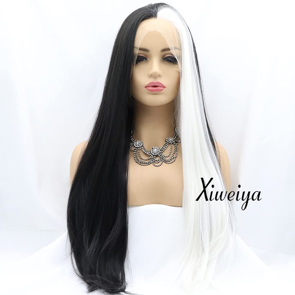 Xiweiya Straight White Color Synthetic 13 * 3 Lace Front Wig Mermaid Piano Half Blonde White Half Black Middle Part Soft Wig Hair Replacement Wig for Women, Drag Queen Makeup 24 inch