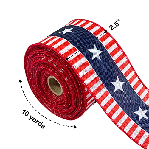 4Th Of July Patriotic Ribbons 2.5 Inch ×10 Yards, Memorial Day Wired Edge Ribbon Blue Red Burlap Ribbons American Stars Stripe Ribbon Bows For Gift Wrapping American Memorial Day Decorations #TOP3