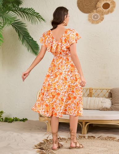 Image of Bridesmay Womens Summer Floral Midi Dresses Ruffle Sleeve Beach Wedding Guest Dress V Neck Swing Flowy Dresses