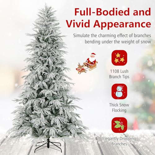 Image of Goplus 8 FT Pre-Lit Snow Flocked Christmas Tree, Artificial Hinged Xmas Tree with 1108 PE & PVC Mixed Branch Tips, 450 Warm White LED Lights, Foldable Metal Base, Home Office Decoration