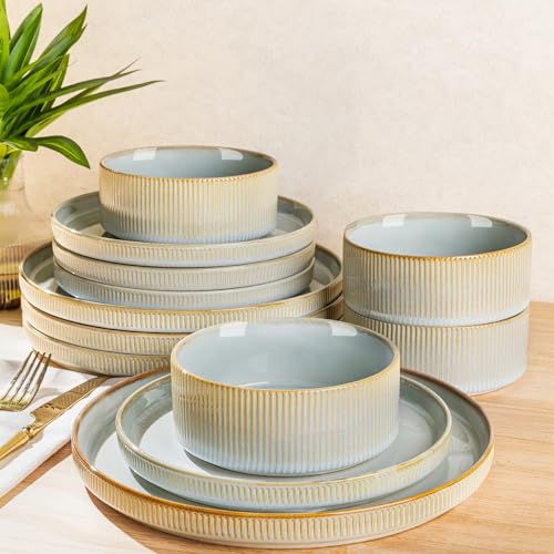Image of TheTerra Ceramic Dinnerware Sets for 4, 12 Pieces Porcelain Lightweight Plates and Bowls Sets, Scratch Resistant Dish Set, Oven & Microwave & Dishwasher Safe,Illusion Blue