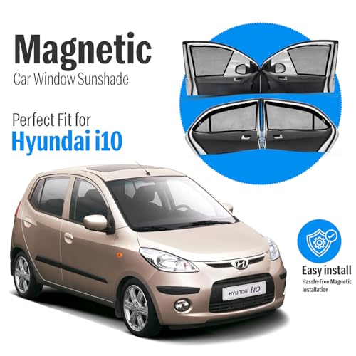 Image of Autofact Magnetic Car Sunshades Compatible with Hyundai i10 Old (2007 to 2017) (Set of 4) - Easy Installation, UV Protection (Front 2 Half-Cut for Side Mirror Visibility, Rear 2 with Zippers)