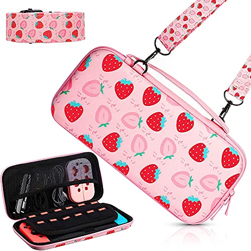NocksyDecal Cute Carrying Case Compatible with Nintendo Switch & OLED Mode, Pink Portable Travel Case with Shoulder Strap for Switch, Hard Switch Accessories Carry (Strawberry)