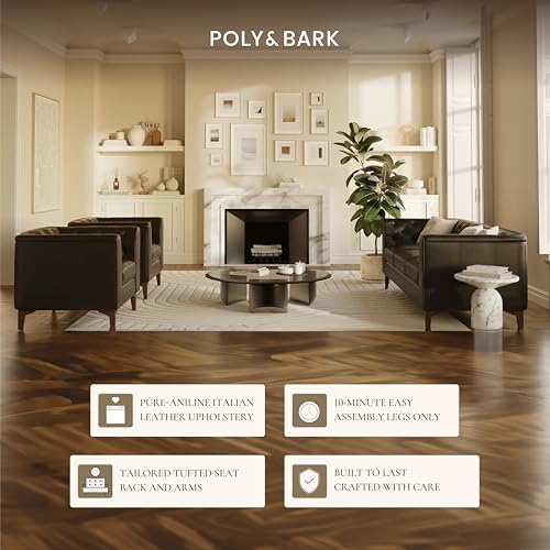 Image of POLY & BARK Essex 89 inch Full-Grain Italian Leather Sofa - Tufted Back, Feather-Down Comfort, Solid Wood Frame, Onyx Black