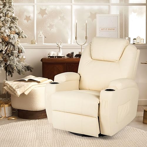 Esright Massage Recliner Chair Heated Composite Material Ergonomic Lounge 360 Degree Swivel (Cream)