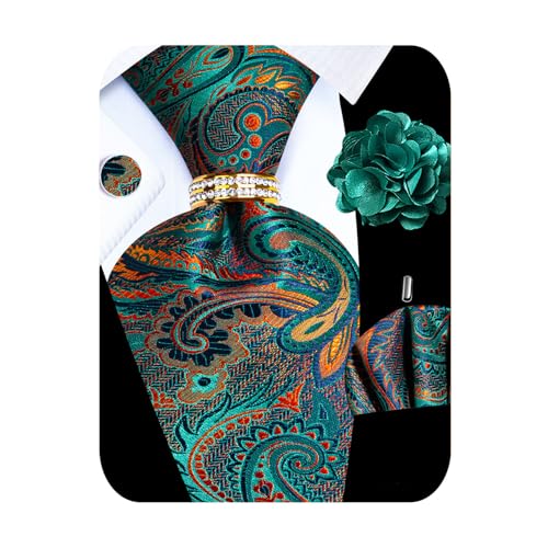 Image of 5PCS Mens Silk Designer Tie, Pocket Square, Cufflinks, Drilled Tie Ring and Lapel Pin Set for Wedding Groom Party