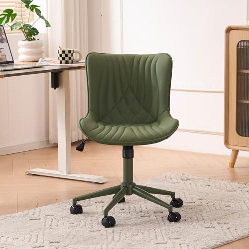 Image of YOUTASTE Green Armless Office Chair, Modern Adjustable Swivel Desk Chair with Wheels, Upholstered PU Leather, Green Metal Legs, Back Support for Home Office, Study, Vanity, Bedroom