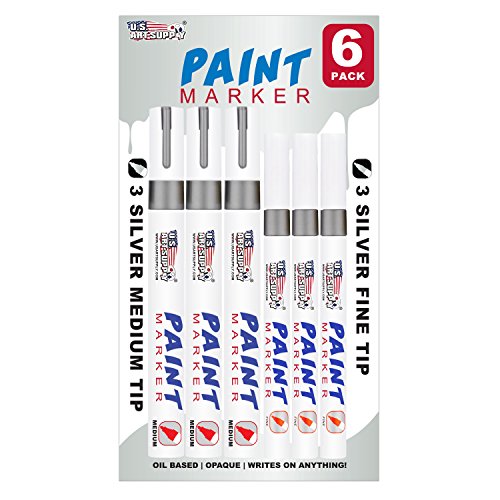 U.S. Art Supply Set of 6 Metallic Silver Oil Based Paint Pen Markers, 3 Medium and 3 Fine Point Tips - Permanent Ink That Works on Glass, Wood, Metal, Rubber, Rocks, Stone, Arts, Crafts & Tools