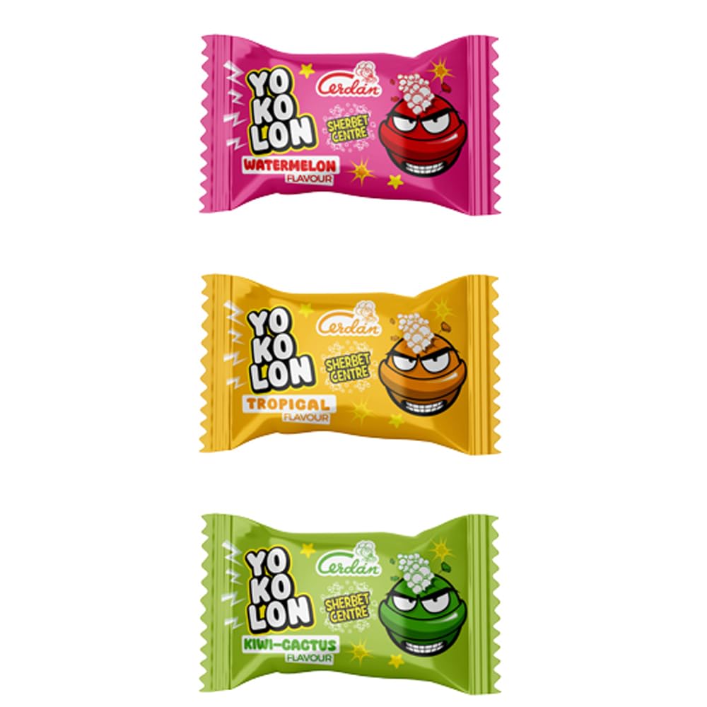 Caramelos Cerdán - Bolón Yokolón sabores sandía, kiwi/cactus y tropical con relleno efervescente de soda | Caramelo duro intenso y divertido | Sin gluten ni alérgenos. Bolsa 75 uds aprox. – 500 g
