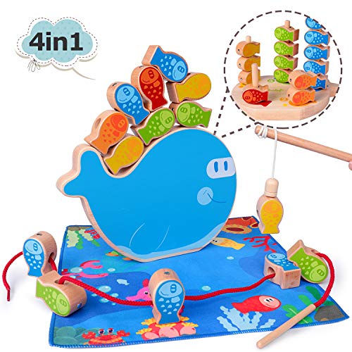Rolimate Juego de Pesca Magnética de Madera Juego de apilamiento 4 en 1 Montessori Juguetes magnéticos y clasificador de Cuentas Juguetes Motricidad Fina Juguete Cumpleaños 2 3 4+años Niño Niña Bebé
