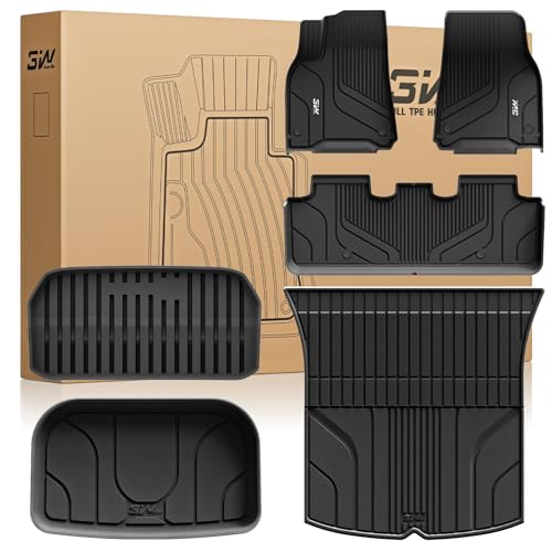 Image of 3W Tesla Model Y 2020-2024 6PCS Floor Mats,5-Seater (Not for Juniper) | TPE All Weather Floor Liner, Cargo Liner,Frunk Rear Liners, Custom Fit Model Y Accessories, Black, Over 10 Years Lifespan