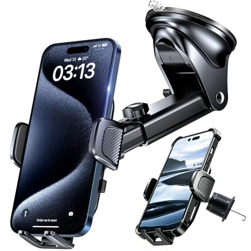 Car Phone Holder【Upgraded Strongest Suction & Clip】3in1 Universal Cell Phone Mount for Dashboard Windshield Air Vent, Truck Cradle Stand for iPhone 17 Pro Max 16 15 14 13 12 11 SE Samsung Android