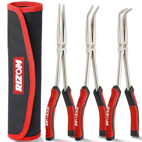 Rizom 3-Piece Long Needle Nose Plier Set, 11'' 90° & 45° Bent Nose Pliers