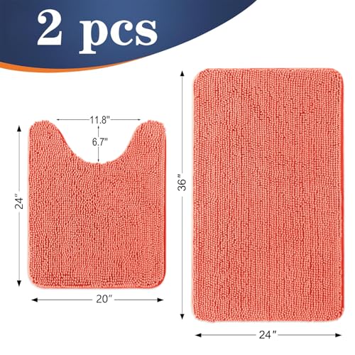 Image of OLANLY Bathroom Rugs Sets 2 Piece, Soft Absorbent Chenille Bath Mats and U-Shaped Contour Toilet Mat Area Rug Set, Machine Washable Bath Carpet, Home Decor Accessories(36 inchx24 inch+24 inchx20 inch, Coral)