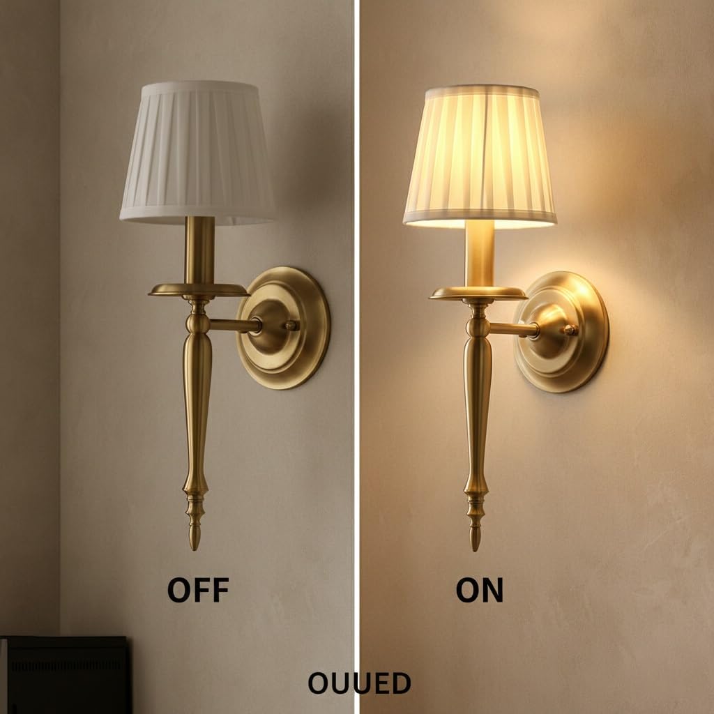 Applique da parete in ottone H65, lampada classica moderna E27/E14, apparecchio decorativo con vetro smerigliato o paralume in tessuto pieghettato for camera letto(15Cm/5.91In)